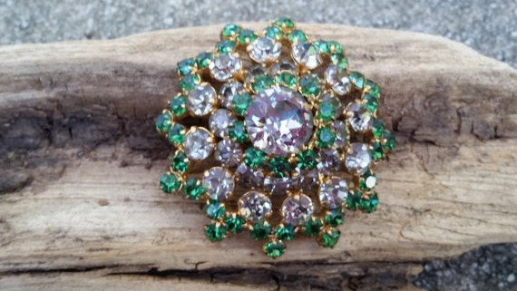 April Showers Sale Vintage 1940's Austrian bright domed rhinestone brooch with green and clear Brilliant and Princess cut stones