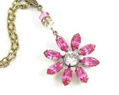 Rose Pink Necklace, 1950s Vintage Swarovski Crystal Flower Pendant, Bridal Jewelry, Floral Mothers Day Gift, Victorian Inspired