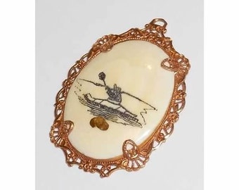 Victorian Openwork Ivory Scrimshaw 10K GF Man in a Boat PENDANT for Necklace-Antique Jewelry