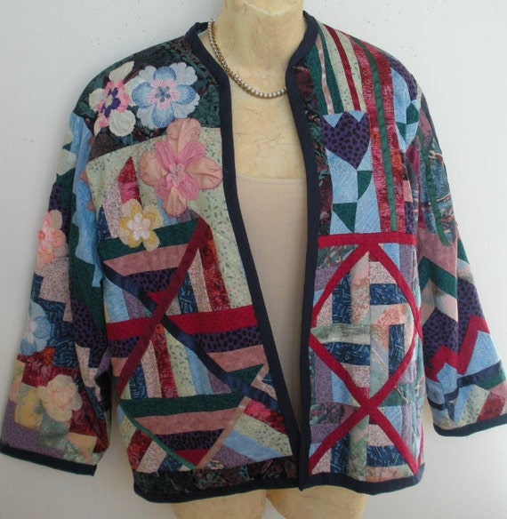 Handmade Patchwork Quilt Jacket with Artsy Appliqued Flowers
