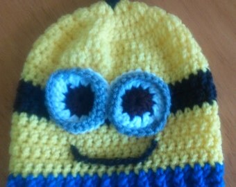 Crocheted Minion hats. Yellow Minion Hat with black band, one or two eyes and bottom blue band. #116