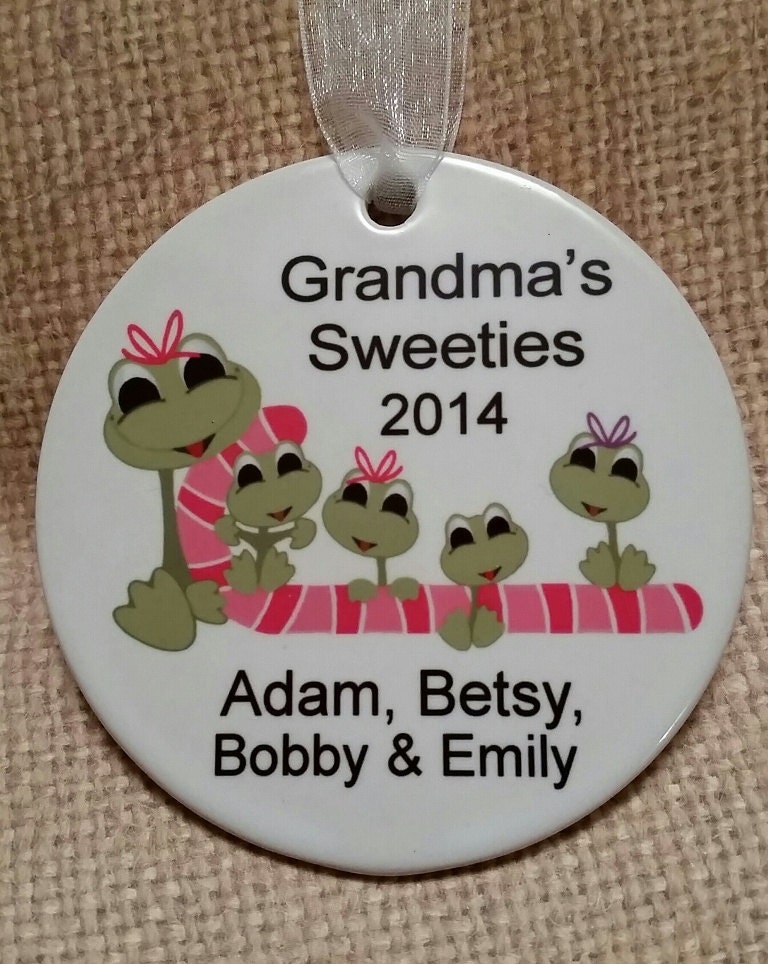 Personalized - Family of 5 FROGS Christmas Ornament - Porcelain - Grandkids Grandchildren Grandma