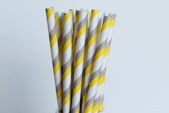 Yellow Grey Striped Paper Straws - Yellow and Grey Baby Shower Straws - Yellow Striped Straws - Grey Gray Striped Straws - Wedding straws Il_570xn