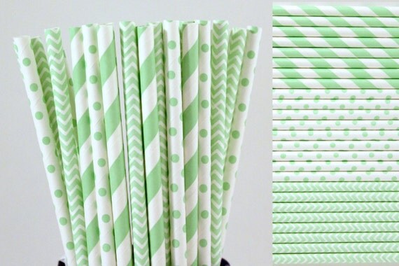 Mint Green Paper Straw Mix-Mint Green Straws-Striped Straws-Chevron Straws-Polka Dot Straws-Wedding Straws-Mason Jar Straws-Party Straws Il_570xn