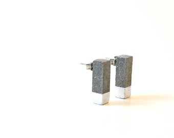 Concrete and silver column earrings studs / Silver cube / Architectural Earrings / Cement Jewelry / Unique Gift for Her