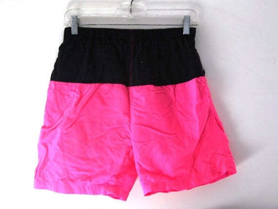 Vintage 80s shorts neon pink black swim trunks