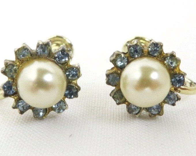 Vintage Faux Pearl Rhinestone Earrings, Silver Tone Screw Back Earrings Bridal Jewelry, Gift for Her