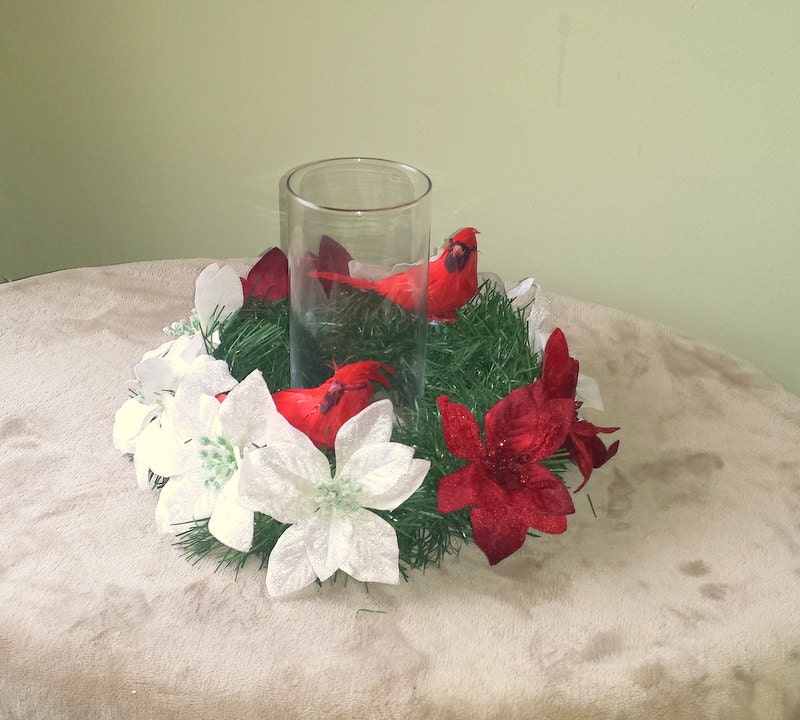 Christmas Cardinal Poinsettia Pine Candle Wreath,Christmas Candle Wreath with Cardinals and Poinsettias,Xmas Candle Decor,Xmas Centerpiece