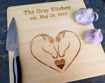 Wedding Day Present: Personalized Cutting board for you and your sweetie! Two horses in love, animal love