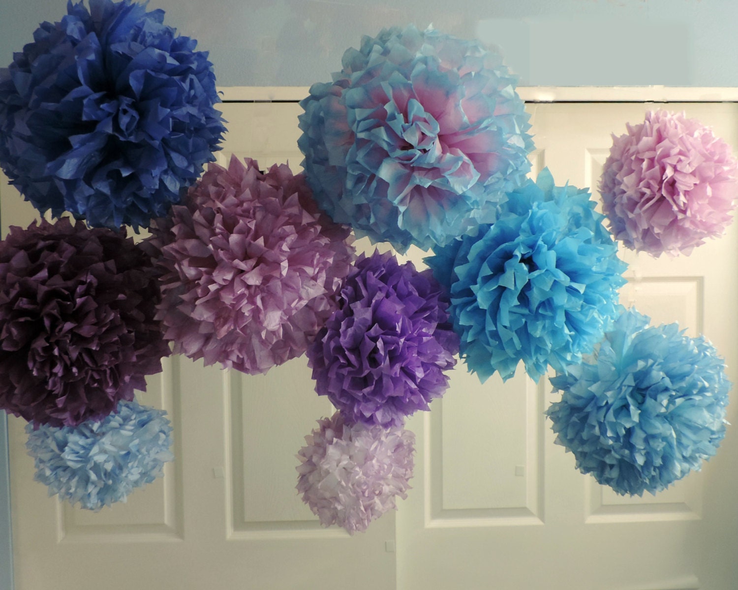 10 Purple Blue Pompoms Tissue paper Pom poms Purple Blue