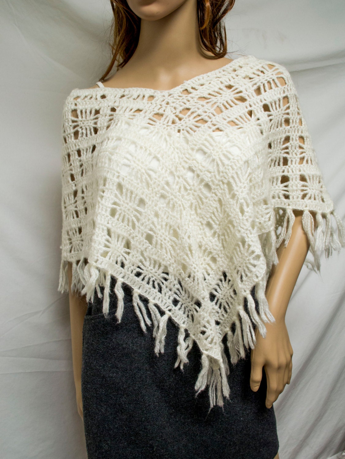 Poncho top Knit Poncho White Fringed Small poncho