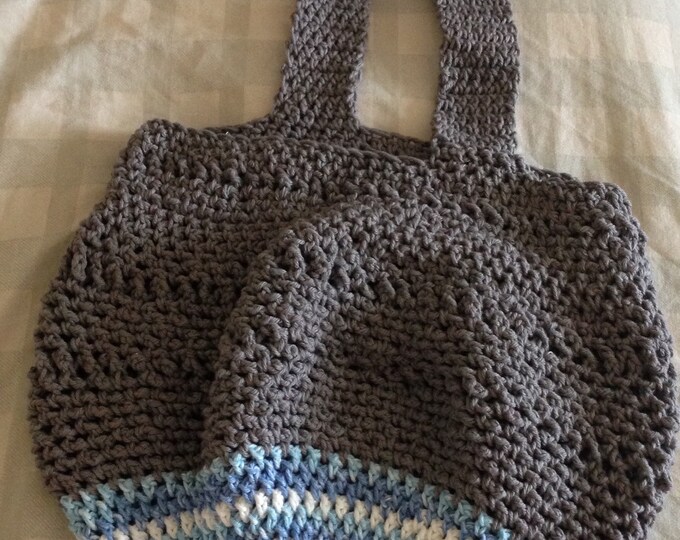 grey, blue & white cotton crochet tote bag