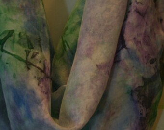 30x30 Handpainted Silk Scarf Green Blue Purple