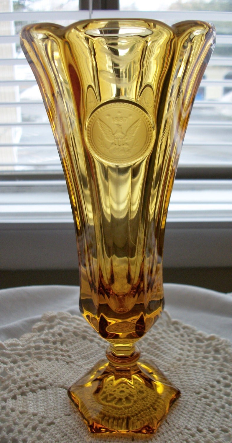 Fostoria Golden Amber Frosted Coin Glass 6Paneled 8