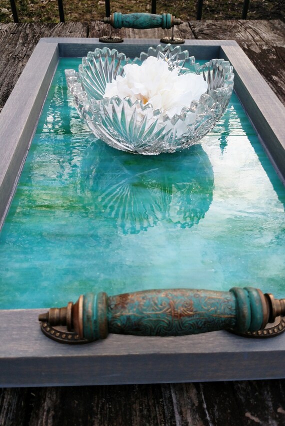 Serving TrayWood with Aqua Green Art by TraysAndTables on Etsy