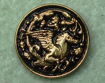 Czech Glass Button 12"= 27mm handpainted - pegasus, black, gold (B27182)