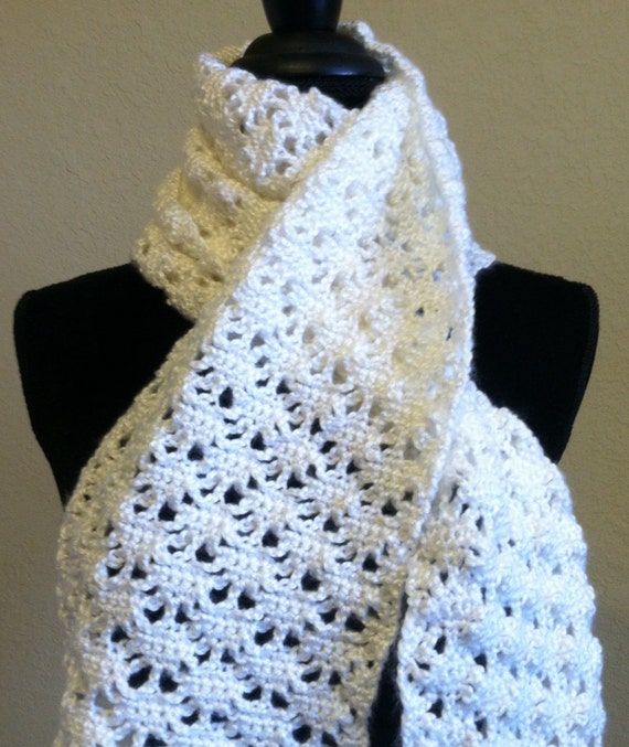 Items similar to White Crocheted Scarf with Curly Fringe on Etsy