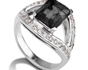 Art Deco Engagement Ring, Black Diamond Ring, 14K White Gold Ring, 1.5 TCW Black Diamond Band, Black Diamond Engagement Ring