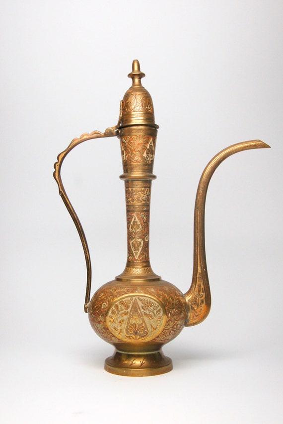 Brass Indian Teapot with Red Accents