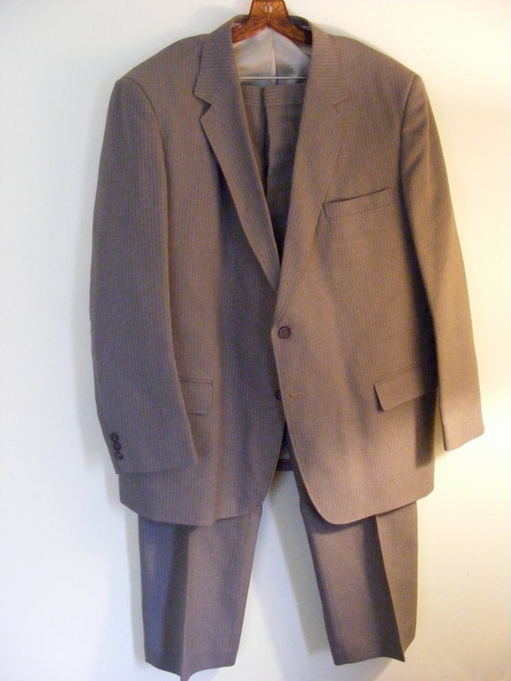 Men's Vintage Polyester Pinstripe Suit 50R Dark Tan