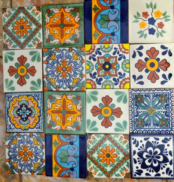 16 Mexican Talavera Tiles handmade Hand painted 4 X
