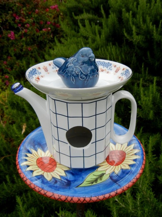 Teapot Bird Feeder Whimsical Bird House Garden Stake
