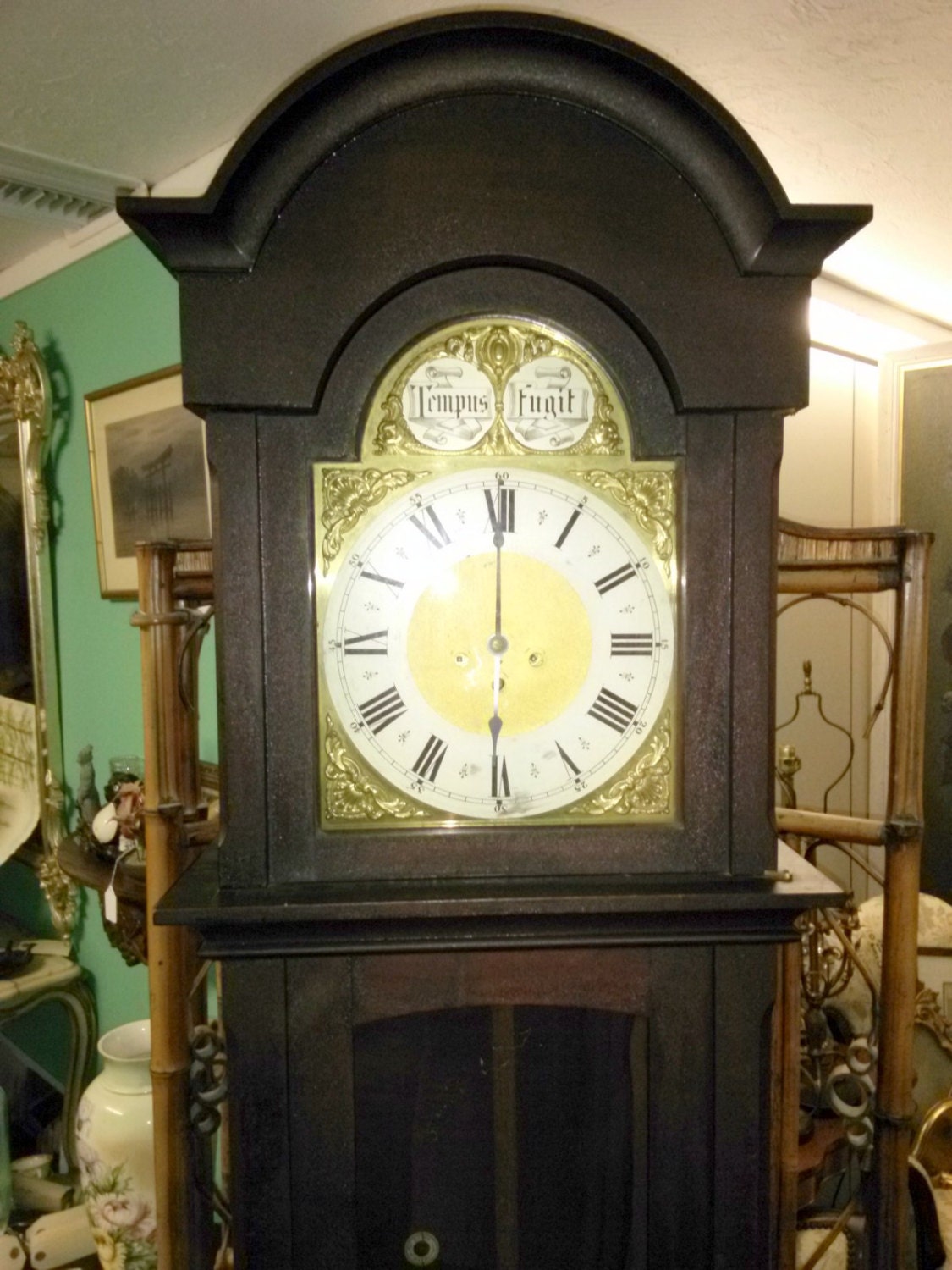 Antique Old Junghans Grandfather Clock Brass Face Tempus Fugit
