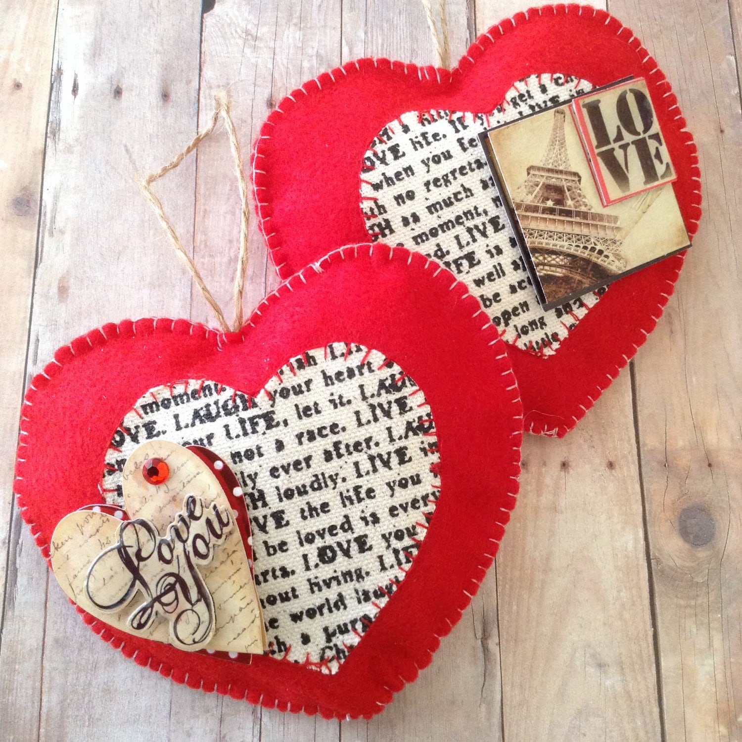 Red Hanging Hearts set of 2 handmade and design in felt