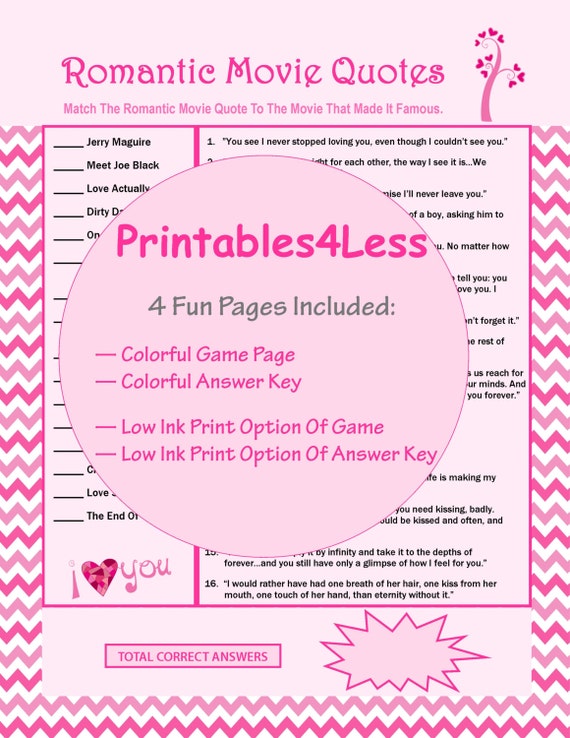 Romantic Movie Quotes Game, Printable Games For Valentines Party, Love ...