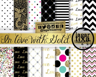 Gold, Turquoise, Hot Pink, Black, White, Digital Paper, Backgrounds, Patterns, Glitter Large dots, Lace, Scrapbooking Blog invitations