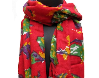 Multicolored scarf/ longl scarf/ leaf print scarf / red scarf/ / gift ideas.