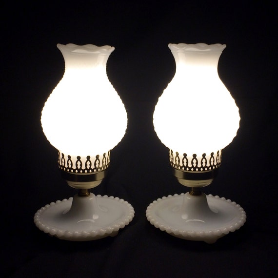 milk  of   Glass 11 Shade, etsy Table Glass Pair with Hurricane lamps Hobnail Milk Lamps glass