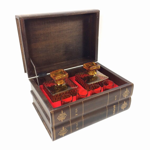 Vintage Hidden Decanter Bar Set with Book Holder