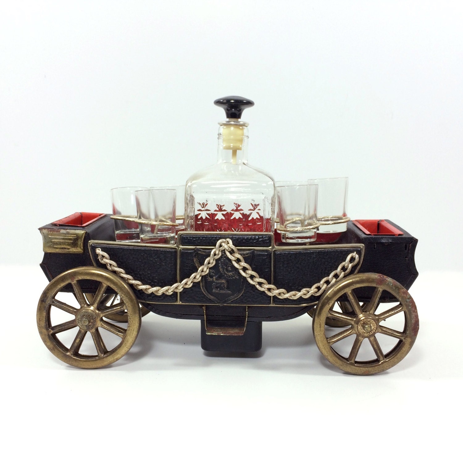 Vintage Decanter Bar Set with Stagecoach Style Musical Holder
