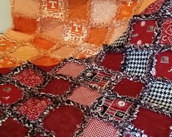 University of Tennessee Fabric Queen Rag Quilt Bed Scarf - A HOUSE DIVIDED - 2 Team Rag Quilt / Throw (Choice of Sizes)