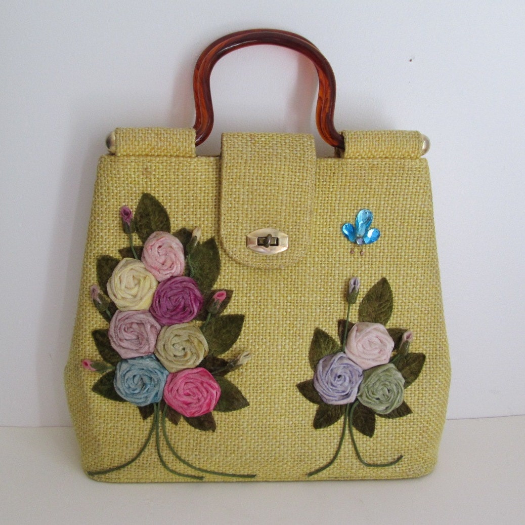 60's MOD LARGE Appilque Fabric Summer handbag by Thriftology101