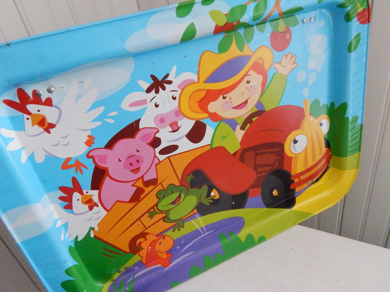 Vintage TV Lap Bed Tray Children's Farm Scene Legs