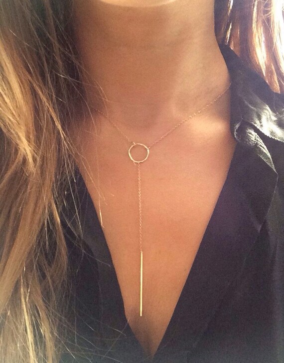 Solid 14k Gold Lariat Necklace Drop Necklace Y By Nostalgii