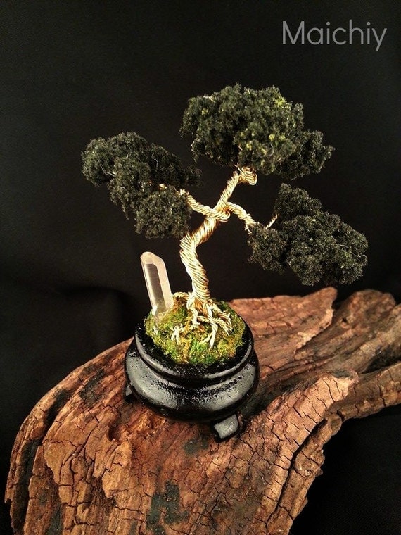 Twisted Wire Moyogi Bonsai Tree Sculpture with real Quartz