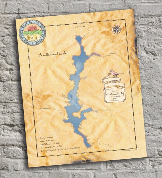 Candlewood Lake Ohio VintageInspired Lake Map Print.