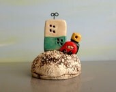 Miniature houses and a miniature car , ceramic houses on clay hill , urban art / dolls and houses / gift for him / boy room / Israeli art
