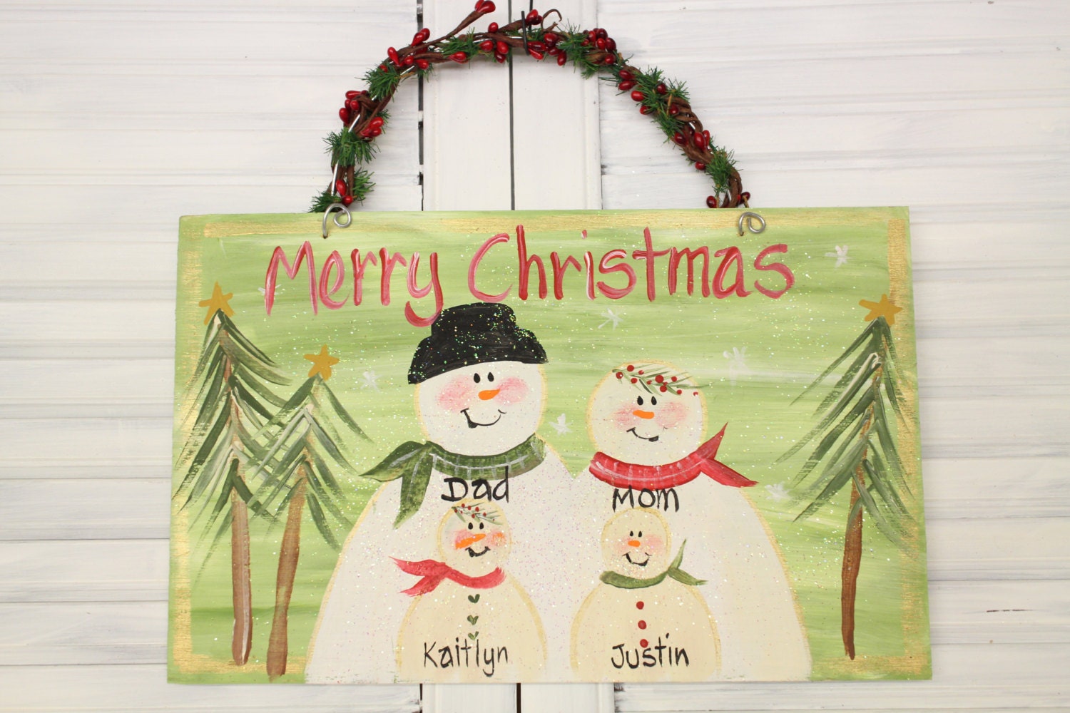 Merry Christmas Snowman Family Hand Painted Wood Sign