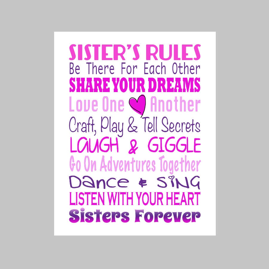 Sisters Rules Print Custom Colors Nursery Decor Girls