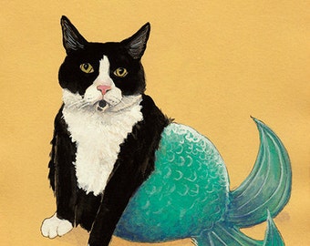 Towser is a Mer-kitty: Tuxedo Cat Mermaid Mercat - 5x7 Fine Art Cat Print from Watercolor, Gifts for Cat Lovers, Tuxedo Cat Art