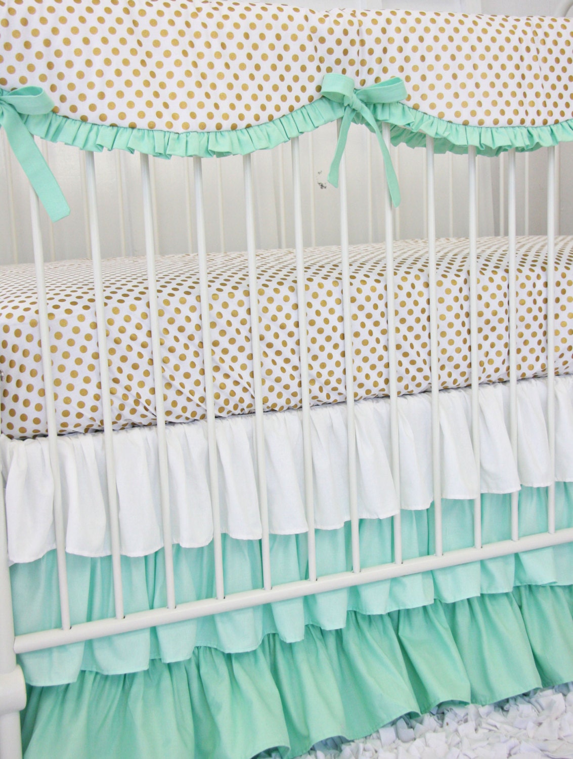 Mint and Gold Dot Ruffle Designer Baby Bedding Crib Set Gold