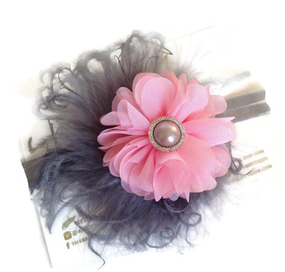 soft pink gray feather and flower newborn headband newborn baby headband charcoal grey pink flower by ravenboutiquellc soft pink gray feather and flower newborn headband newborn baby headband charcoal grey pink flower by ravenboutiquellc