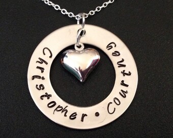 Hand Stamped Mommy Necklace - Personalized Jewelry - Stainless steel Necklace - Family Circle of Love with heart