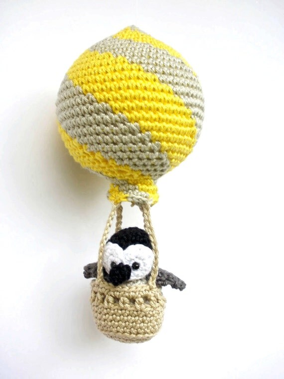 Hot air balloon decoration, crochet penguin in a balloon, yellow gray nursery decoration by Crochetonatree