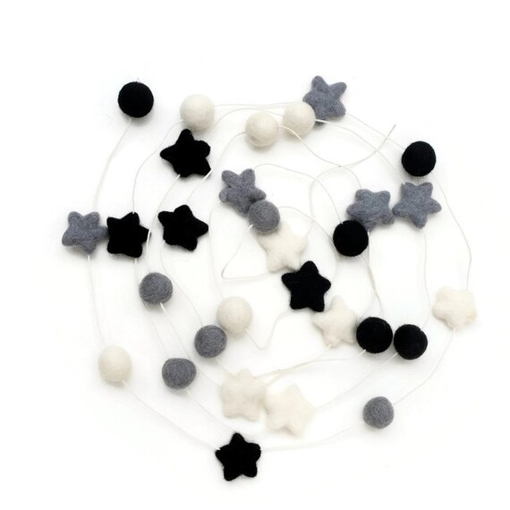 wool felted garland pom pom Felted Balls Stars Black and and Wool Pom White Grey Garland Pom