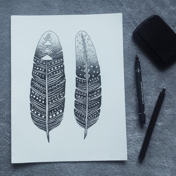 Original Ink / Pen Stippling Feather Drawing Wall by KathrynLisa